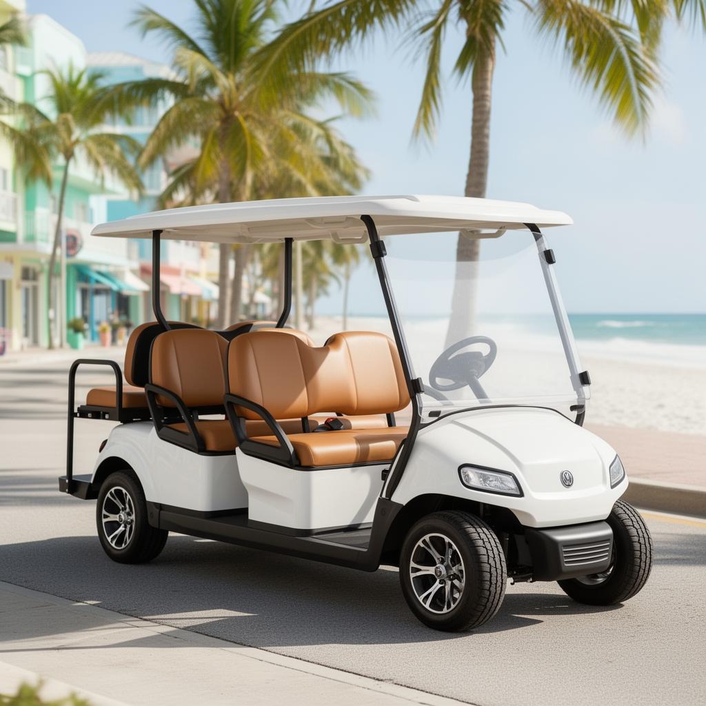 Four-seat electric low-speed vehicle beside a Cocoa Beach street